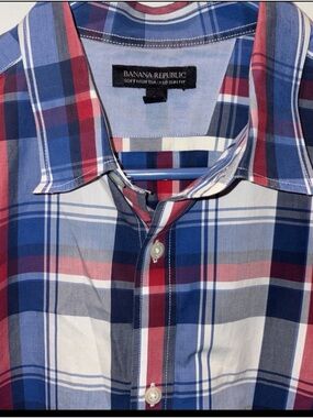 Banana Republic Blue, Red & White Plaid Button-Down Shirt